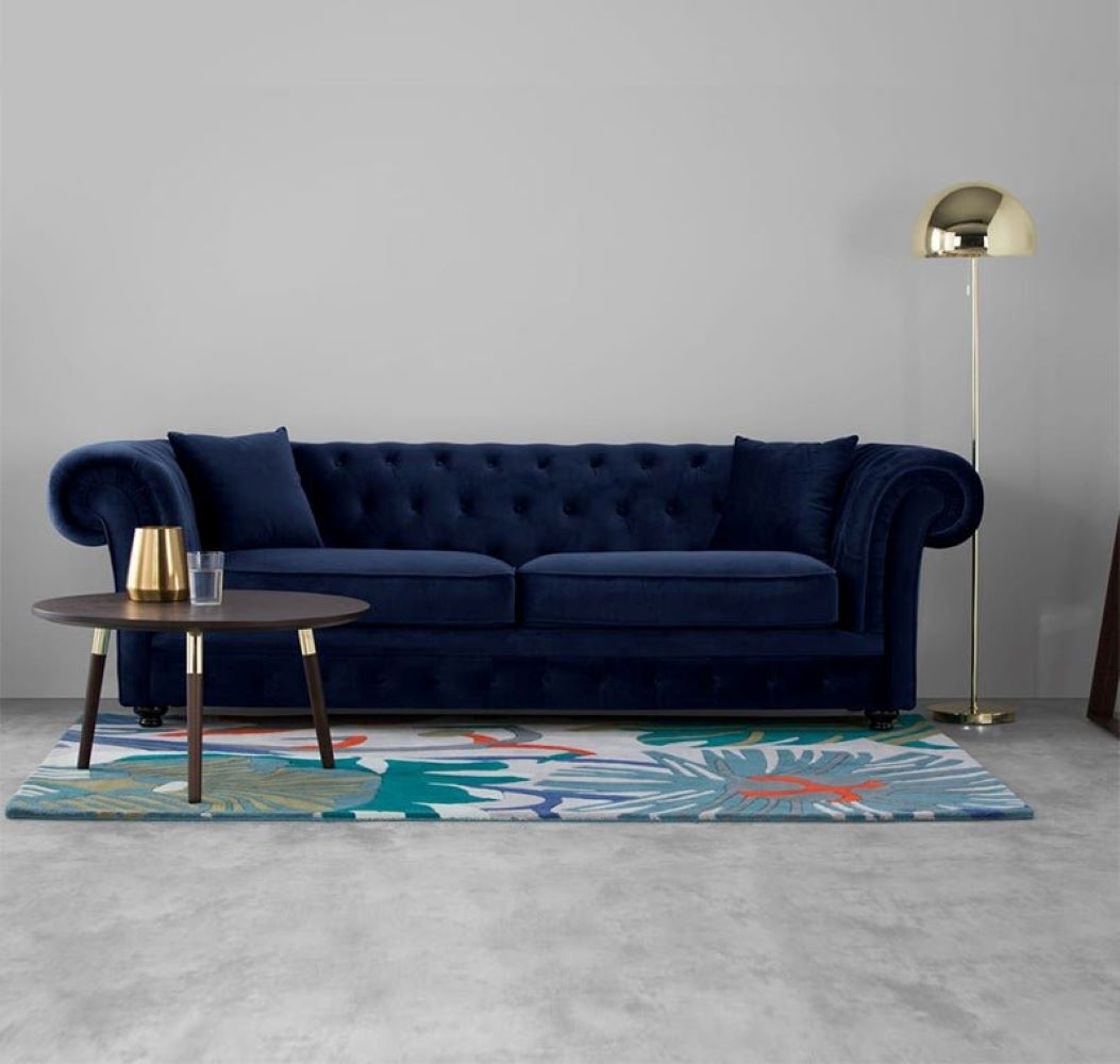 Morgan solid Wood 3 Seater Fabric Chesterfield Sofa for Living Room - Dark Blue - Torque India